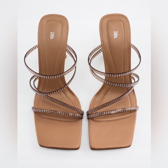NWT. Zara Beige Rhinestones Details Squared Toe Sandals. Size 9 - Picture 4 of 8
